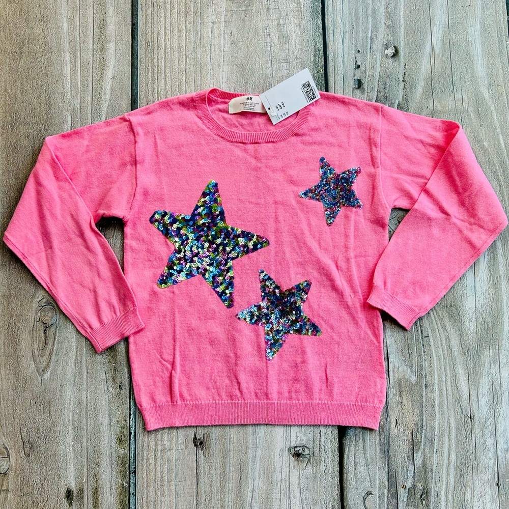 H&M size 6-8yrs Girls Pink Fine Knit Sweater Top With Dazzling Star Sequins NWT